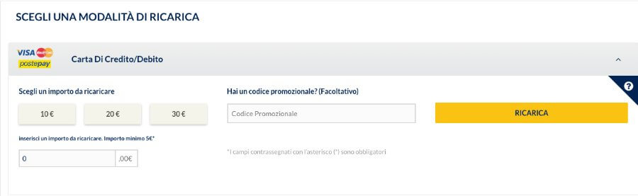 Pannello dei pagamenti di StarVegas